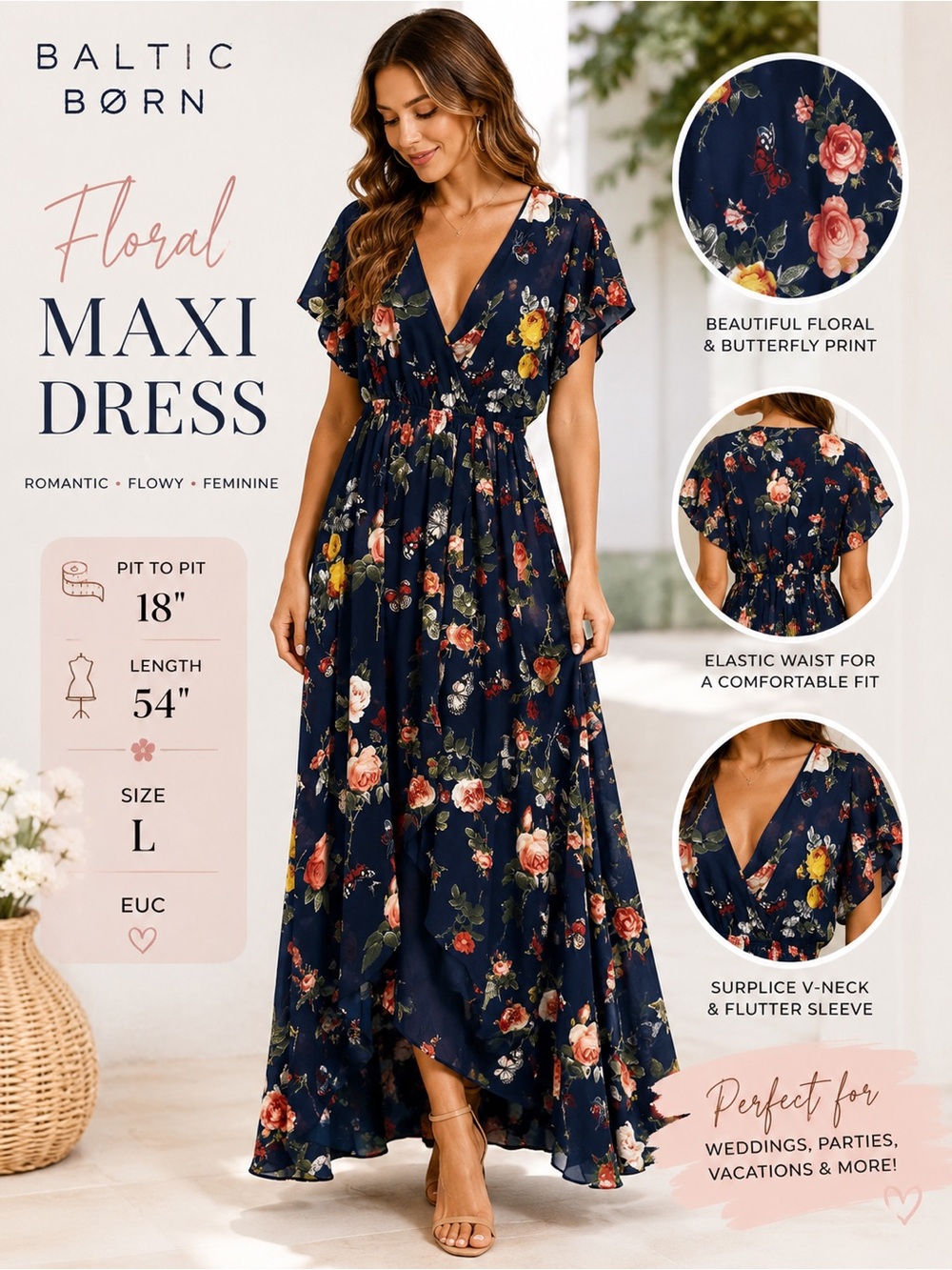 Baltic Born Navy Floral Butterfly Maxi Dress Size L Flutter Sleeve Romantic